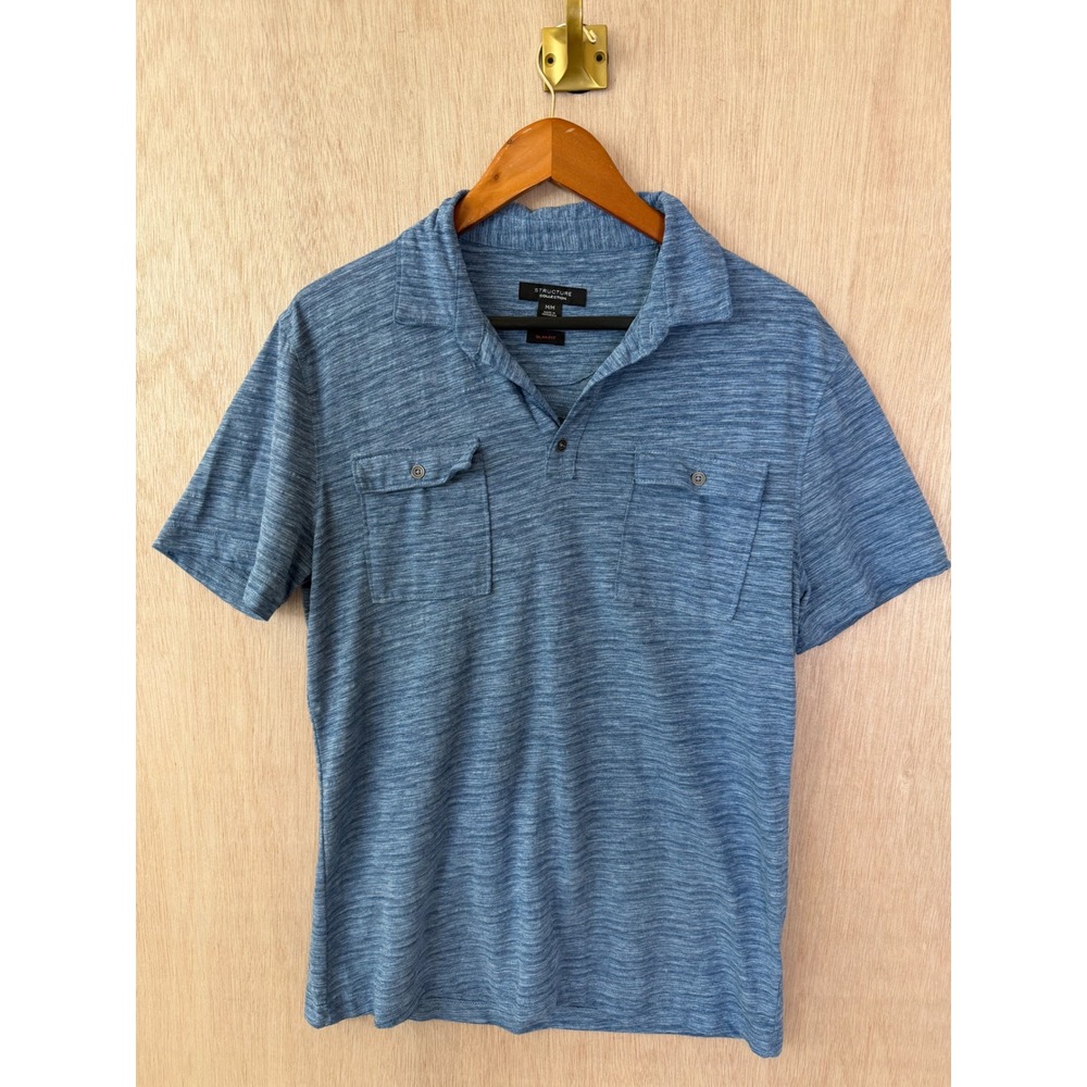 Structure Collection Mens Medium Blue Space Dye Slim Fit Short Sleeve Polo Shirt